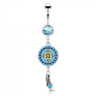 Piercing nombril style Aztques bleu et jaune  plume