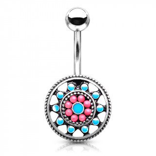 Piercing nombril style Aztèques à soleil émaillé bleu et rouge