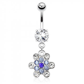 Piercing nombril style flocon de neige  strass bleus et clairs