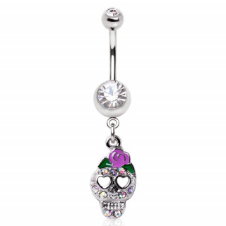 Piercing nombril tête de mort à strass avec rose