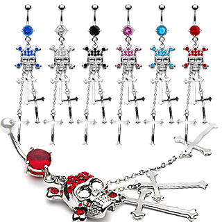 Piercing nombril t�te de mort et 3 croix enchain�es