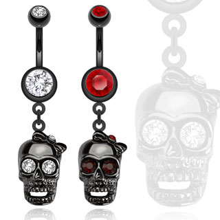 Piercing nombril tête de mort noire avec noeud