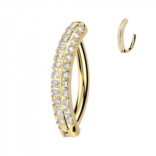 Piercing nombril Titane dor  charnire pav de 3 ranges de zirconiums