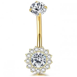 Piercing nombril titane dor� � Soleil rayonnant pav� de zirconiums
