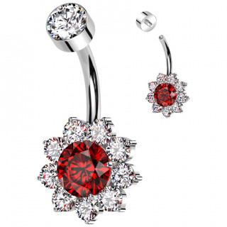 Piercing nombril Titane  fleur de zirconiums rouges et clairs (filetage interne)