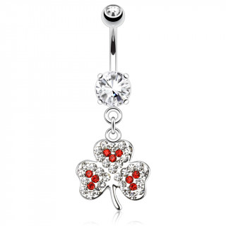 Piercing nombril trfle  3 feuilles  strass clairs et rouges