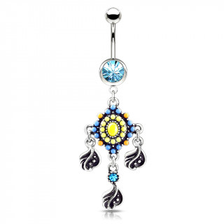 Piercing nombril tribal perlé à plumes suspendues