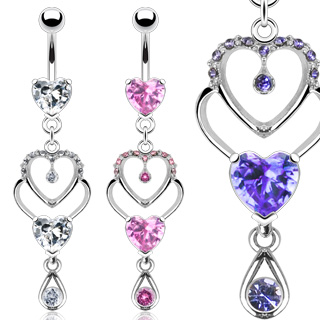 Piercing nombril trio de coeurs et goutte