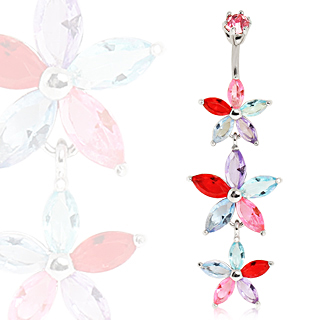 Piercing nombril triple fleur  ptales strass multicolores