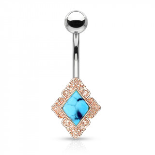 Piercing nombril turquoise  cadre losange - Cuivr