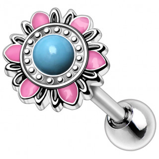 Piercing oreille cadran floral emaill rose et bleu (hlix, flat, lobe...)