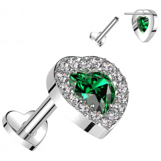 Piercing oreille coeur vert pourtours strass Titane Push-in (lobe, hlix, tragus...)