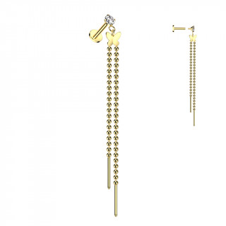 Piercing d'oreille dor� � pendentif papillon et chaines de billes (h�lix, lobe...)