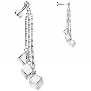 Piercing oreille en acier  trio de cubes suspendus