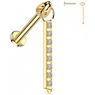 Piercing d'oreille en Titane doré à pendentif barre sertie se terminant en pointe (hélix, lobe...)