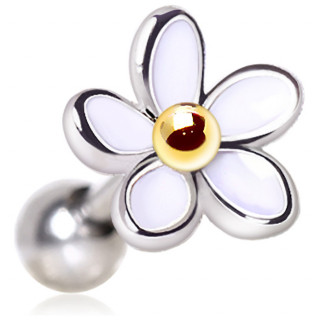 Piercing oreille fleur ptales blancs  centre dor (hlix, flat, lobe...)