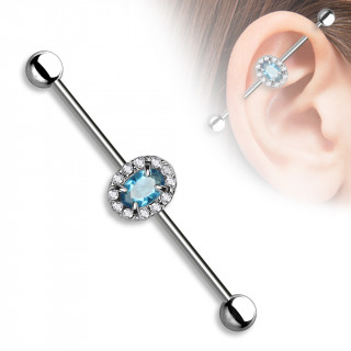 Piercing oreille industriel  oval de strass clair et bleu aqua