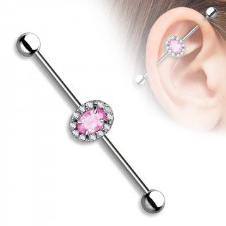 Piercing oreille industriel  oval de strass clair et rose