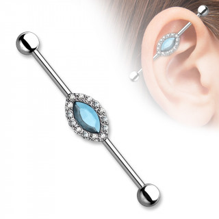 Piercing oreille industriel  pierre bleue en marquise et strass clairs