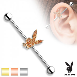 Piercing oreille industriel en acier  lapin Playboy en laiton couvert de paillettes