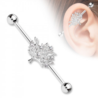 Piercing oreille industriel gris  arbre de vie avec strass