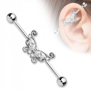 Piercing oreille industriel gris  papillon de strass claires