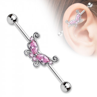 Piercing oreille industriel gris  papillon de strass roses