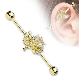 Piercing oreille industriel plaqu or  arbre de vie avec strass