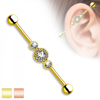 Piercing oreille industriel plaqu or  trois ronds strass