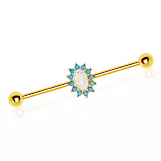 Piercing oreille industriel plaqu or  Opale ovale borde de Turquoises