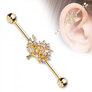 Piercing oreille industriel plaqu or rose  arbre de vie avec strass