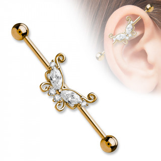 Piercing oreille industriel plaqu or rose  papillon de strass