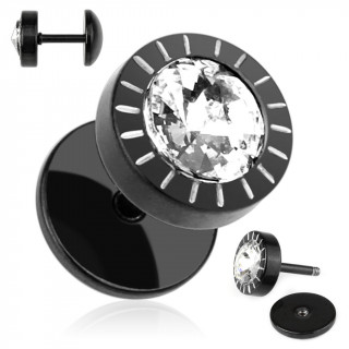 Piercing oreille noir style faux plug serti et rainuré