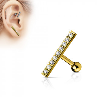 Piercing oreille plaqué or à grande barre pavée de strass