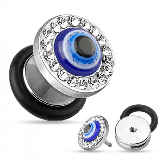 Piercing oreille style faux plug avec oeil de la chance bordé de strass