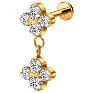 Piercing oreille Titane dor� Double-tr�fle de zirconiums (lobe, h�lix, tragus...)