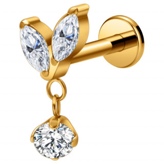 Piercing oreille Titane dor Duo de feuilles  zirconium pendentif (lobe, hlix, tragus...)