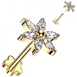 Piercing d'oreille Titane doré à fleur aux pétales de zirconiums (Push-in)