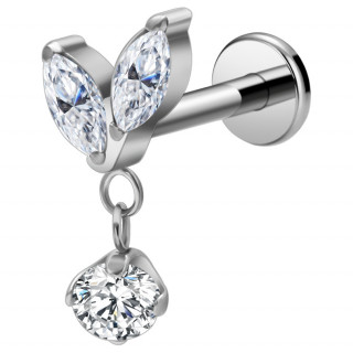 Piercing oreille Titane Duo de feuilles  zirconium pendentif (lobe, hlix, tragus...)