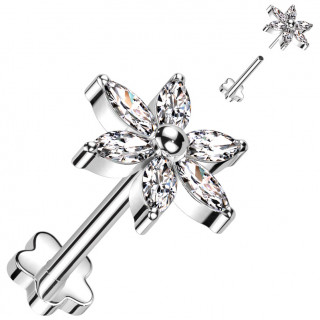 Piercing d'oreille Titane à fleur aux pétales de zirconiums clairs (Push-in)