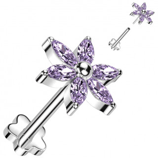 Piercing d'oreille Titane  fleur aux ptales de zirconiums violets (Push-in)