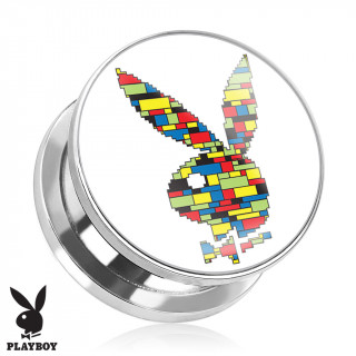 Piercing plug écarteur Playboy en acier avec lapin multicolore en blocs