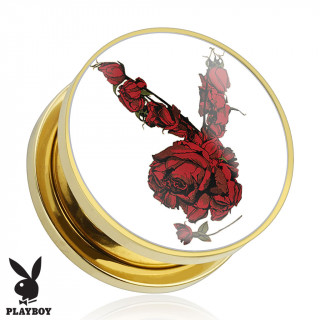 Piercing plug carteur Playboy en acier dor avec lapin de roses rouges