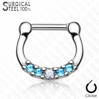 Piercing septum acier  5 cristaux clair et bleus asymtriques