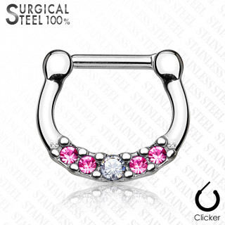 Piercing septum acier à 5 cristaux clair et roses asymétriques