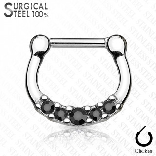 Piercing septum acier  5 cristaux noirs asymtriques