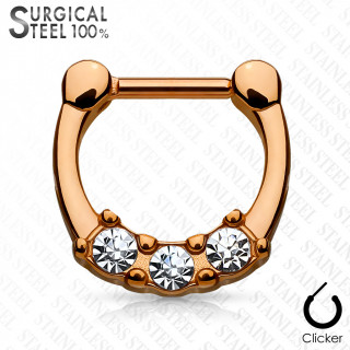 Piercing septum acier cuivr serti de trois strass clairs