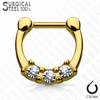 Piercing septum acier dor serti de trois strass clairs