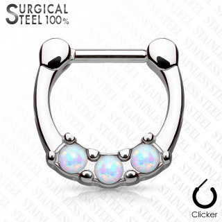 Piercing septum acier serti de trois Opales blanc nuanc