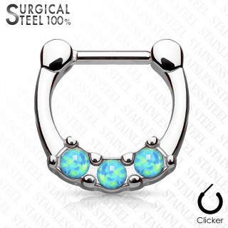 Piercing septum acier serti de trois Opales bleu clair